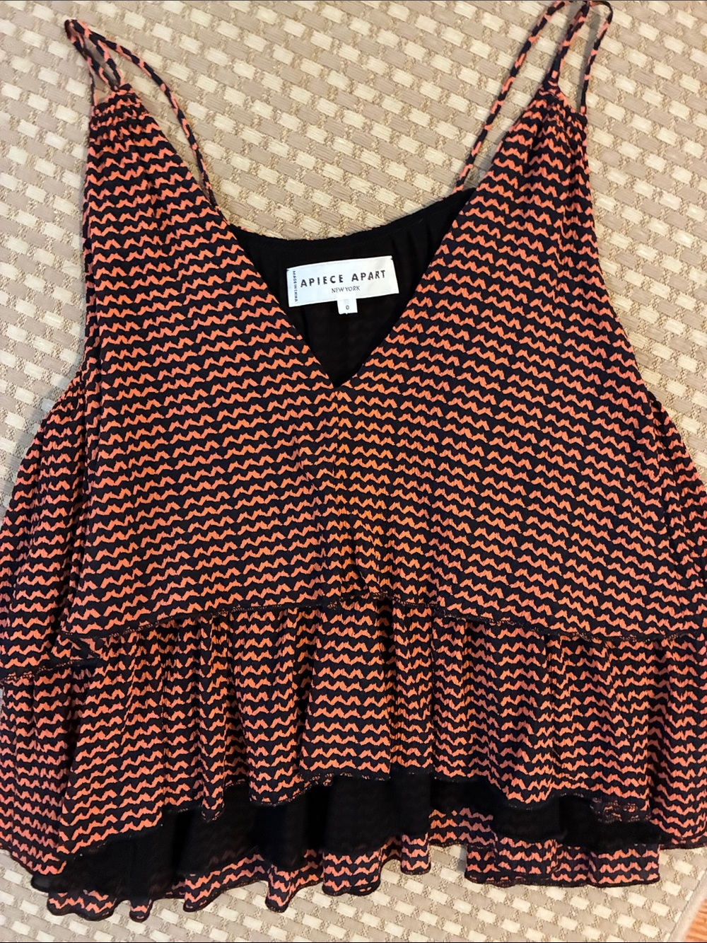 Apiece Apart Silk Orange & Navy Zigzag Ruffle Cami